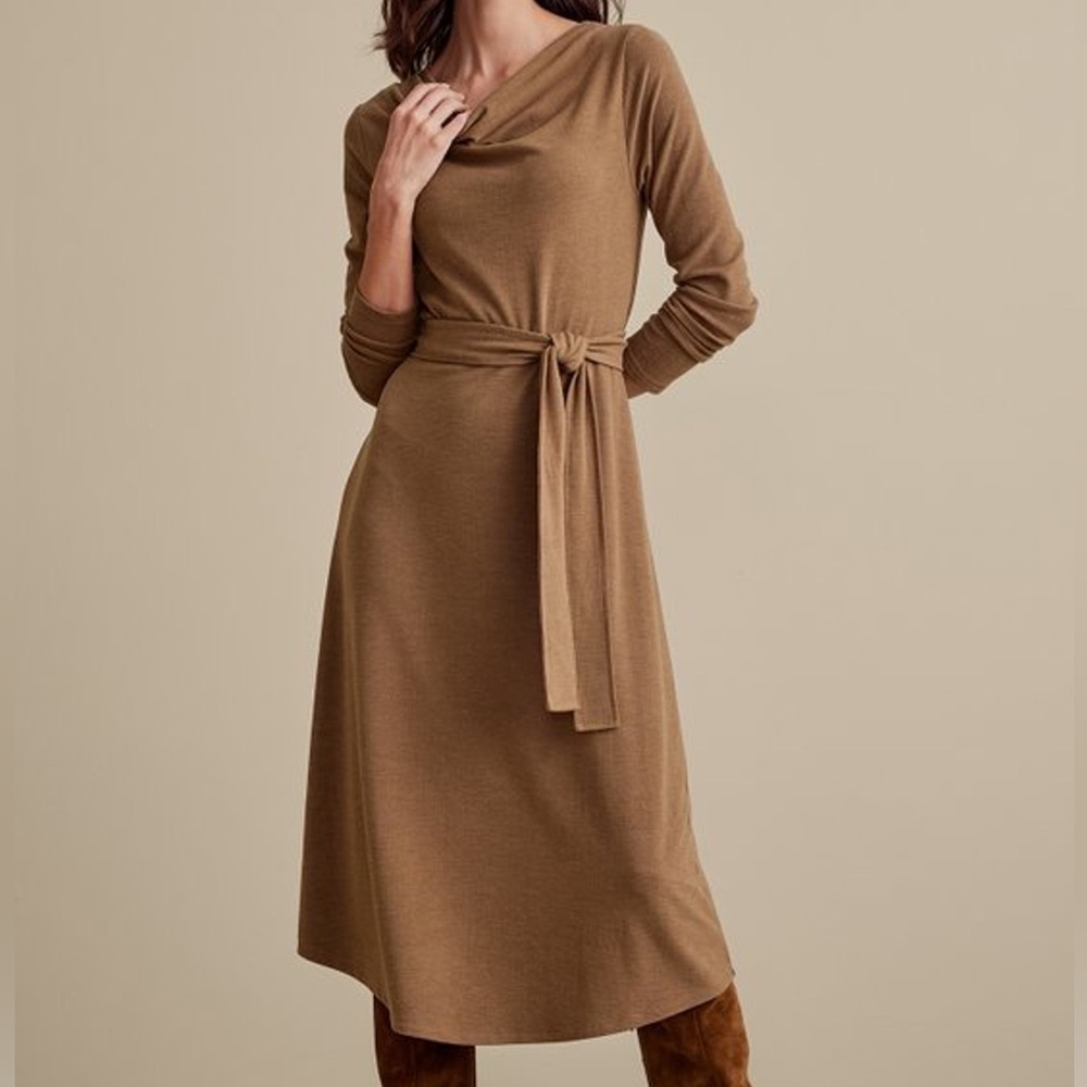Soft Surroundings Paula Cowl Neck Classic Belted Soft Knit Sweater Midi Dress